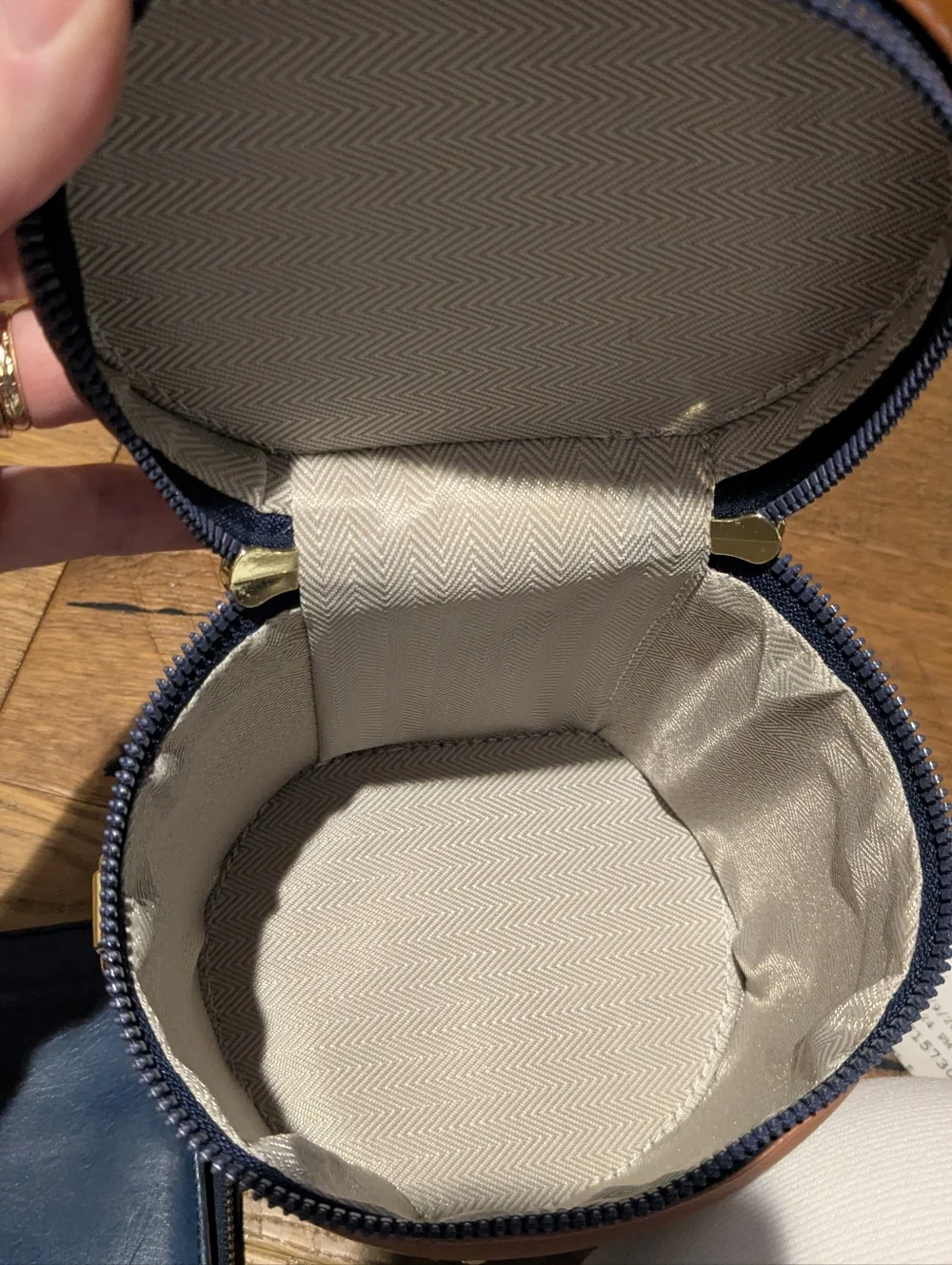 Navy & Tan Trimmed Canvas Barrel Bag with Fossil Navy Wallet - Picture 4 of 10